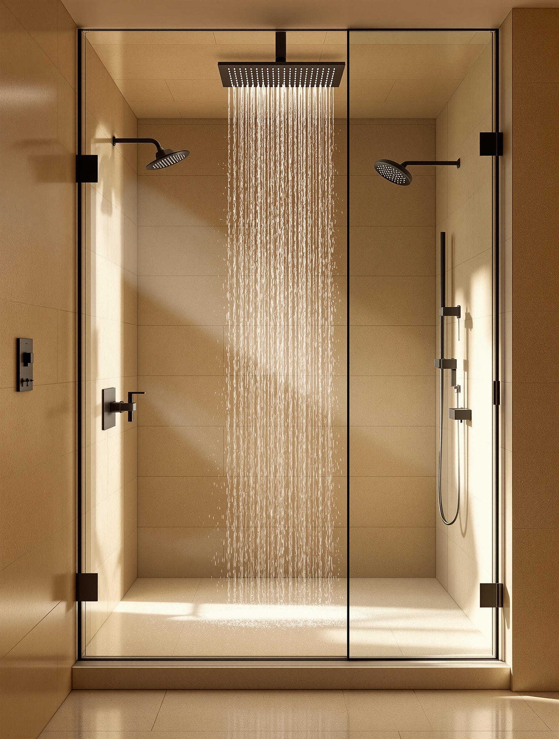 Begehbare Regendusche hinter Glas mit warmem Travertin und mattschwarzen Armaturen