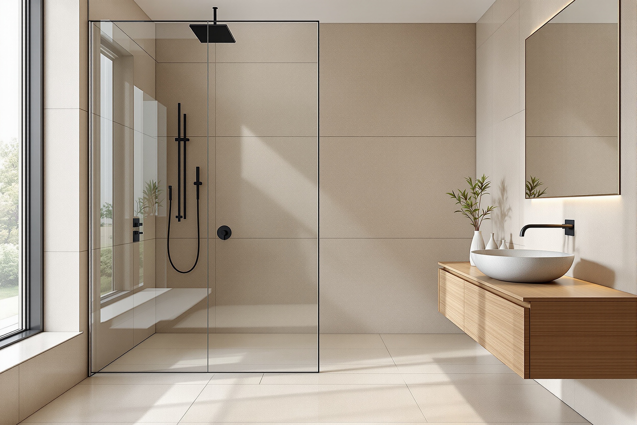 Modernes Bad mit bodengleicher Dusche, Naturstein und mattschwarzer Armatur — Bad & Sanitär vom Meisterbetrieb Studtfeld in Zarpen